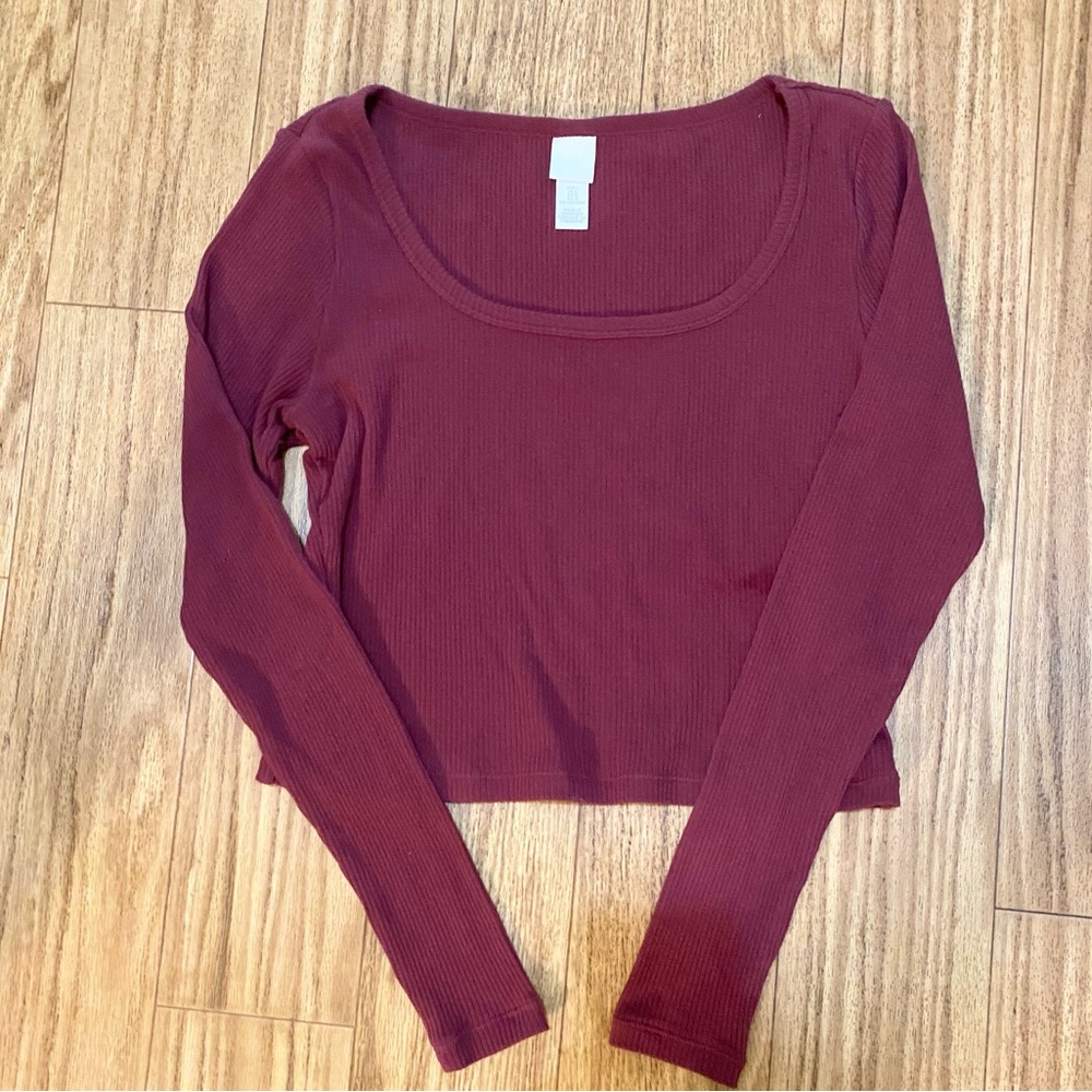 H&M Crop Top Long Sleeves Ribbed Burgundy Size Large